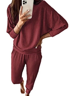 Women's 2 Piece Sweatsuit Solid Color Long Sleeve Pullover Long Pants Tracksuit