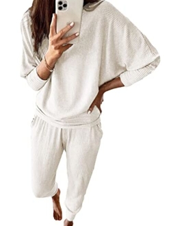 Women's 2 Piece Sweatsuit Solid Color Long Sleeve Pullover Long Pants Tracksuit