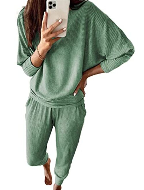 PRETTYGARDEN Women's 2 Piece Sweatsuit Solid Color Long Sleeve Pullover Long Pants Tracksuit