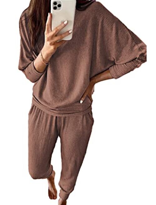 PRETTYGARDEN Women's 2 Piece Sweatsuit Solid Color Long Sleeve Pullover Long Pants Tracksuit