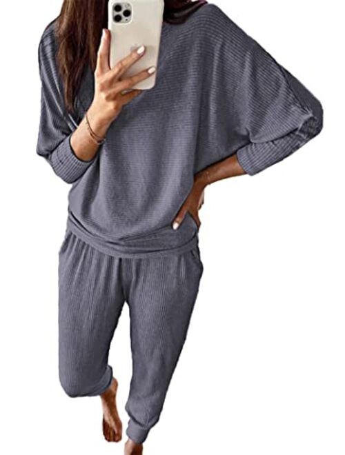 PRETTYGARDEN Women's 2 Piece Sweatsuit Solid Color Long Sleeve Pullover Long Pants Tracksuit