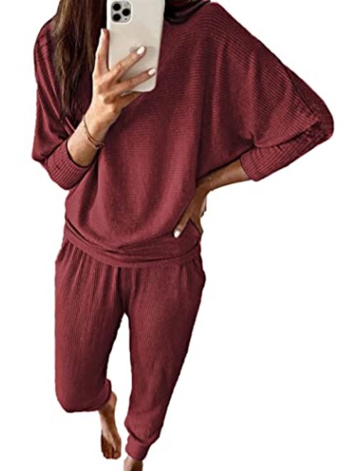 PRETTYGARDEN Women's 2 Piece Sweatsuit Solid Color Long Sleeve Pullover Long Pants Tracksuit