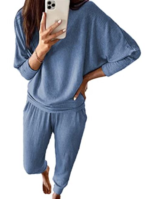 PRETTYGARDEN Women's 2 Piece Sweatsuit Solid Color Long Sleeve Pullover Long Pants Tracksuit