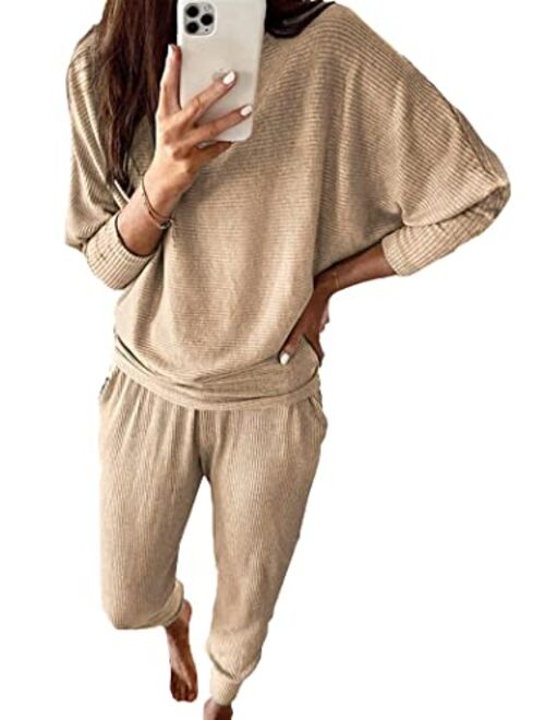 PRETTYGARDEN Women's 2 Piece Sweatsuit Solid Color Long Sleeve Pullover Long Pants Tracksuit