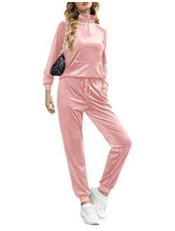 Women's Velour Tracksuit Long Sleeve Sweatsuits Sets 2 Piece Half-Zip Sweatshirt Jogging Suits Outfits with Pocket