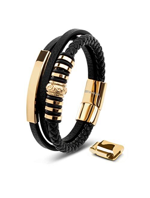 SERASAR | Premium Genuine Leather Bracelet [Shine] for Men in Black | Magnetic Stainless Steel Clasp in Black, Silver and Gold | Exclusive Jewelry Box | Great Gift Idea