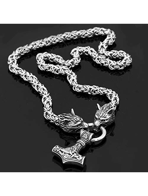 GuoShuang Men Stainless Steel Wolf Head Norse Viking Amulet Thor Mjolnir Necklace King Chain with Valknut Gift Bag