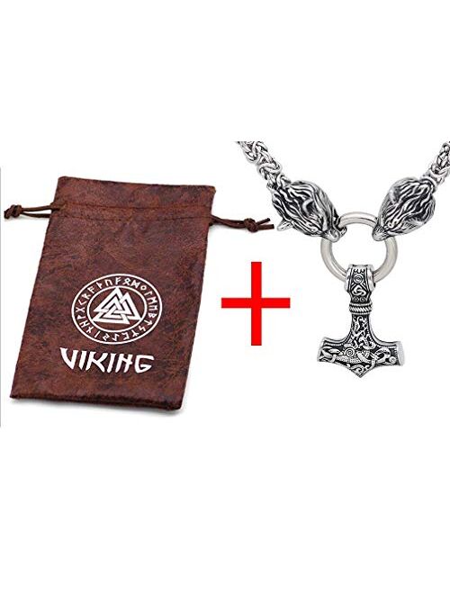 GuoShuang Men Stainless Steel Wolf Head Norse Viking Amulet Thor Mjolnir Necklace King Chain with Valknut Gift Bag