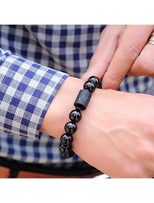 SX Commerce Natural Obsidian Stone Bead Bracelet Couple Men 10mm and Women 8mm Dragon and Phoenix Totem Jewelry