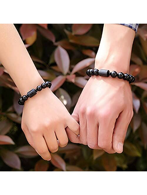 SX Commerce Natural Obsidian Stone Bead Bracelet Couple Men 10mm and Women 8mm Dragon and Phoenix Totem Jewelry