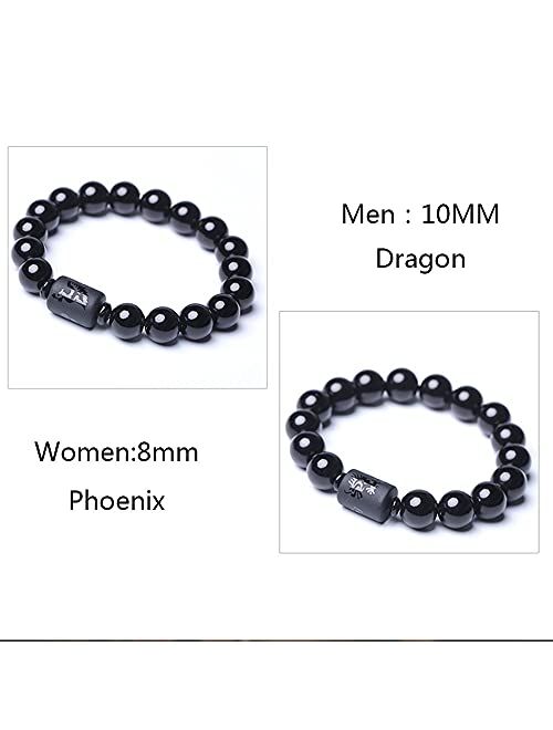 SX Commerce Natural Obsidian Stone Bead Bracelet Couple Men 10mm and Women 8mm Dragon and Phoenix Totem Jewelry