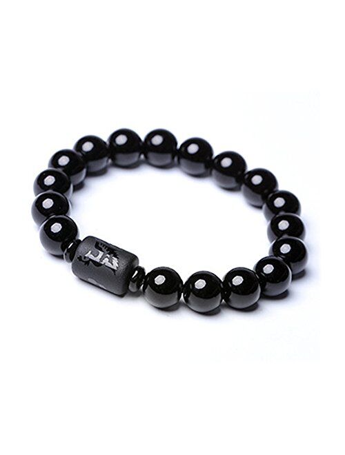 SX Commerce Natural Obsidian Stone Bead Bracelet Couple Men 10mm and Women 8mm Dragon and Phoenix Totem Jewelry