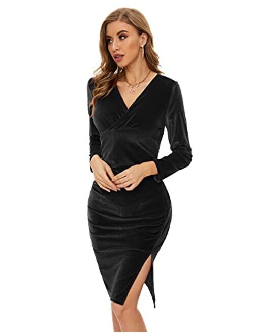 HRESSLBD Women's Velvet V-Neck Long Sleeve Ruched Bodycon Pencil Wrap Cocktail Formal Evening Party Dress with One Side Slit