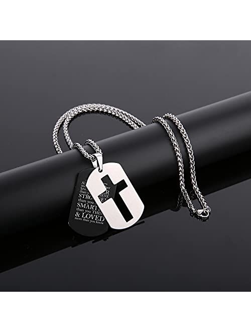 P. BLAKE Stainless Steel Dog Tag Cross Necklace for Men Boys Lord’s Prayer/Bible Verse Pendant with Wheat Chain 24 Inches