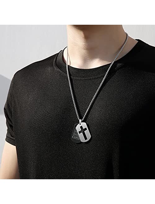 P. BLAKE Stainless Steel Dog Tag Cross Necklace for Men Boys Lord’s Prayer/Bible Verse Pendant with Wheat Chain 24 Inches