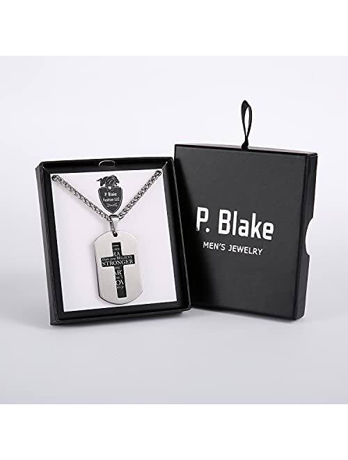 P. BLAKE Stainless Steel Dog Tag Cross Necklace for Men Boys Lord’s Prayer/Bible Verse Pendant with Wheat Chain 24 Inches