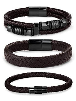 FIBO STEEL 3 PCS Magnetic-Clasp Leather Bracelets for Men Wrap Braided Leather Bracelets Wrist Cuff Bangle 8.0-8.5 Inch