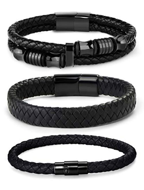 FIBO STEEL 3 PCS Magnetic-Clasp Leather Bracelets for Men Wrap Braided Leather Bracelets Wrist Cuff Bangle 8.0-8.5 Inch