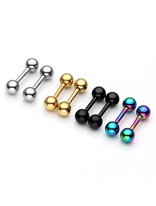 Zysta 4 Pairs Stainless Steel 14/16G Mixed Colors Body Piercing Barbells 6-16mm Post Studs Earring NippleTongue Helix Tragus Cartilage Labret Medusa Lip Eyebrow Straight 