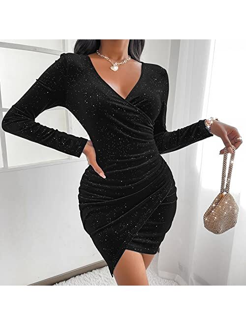 Sexyasasii Women's Mini Wrap Dress V Neck Long Sleeve Velvet Bodycon Glitter Ruched Cocktail Party Dresses