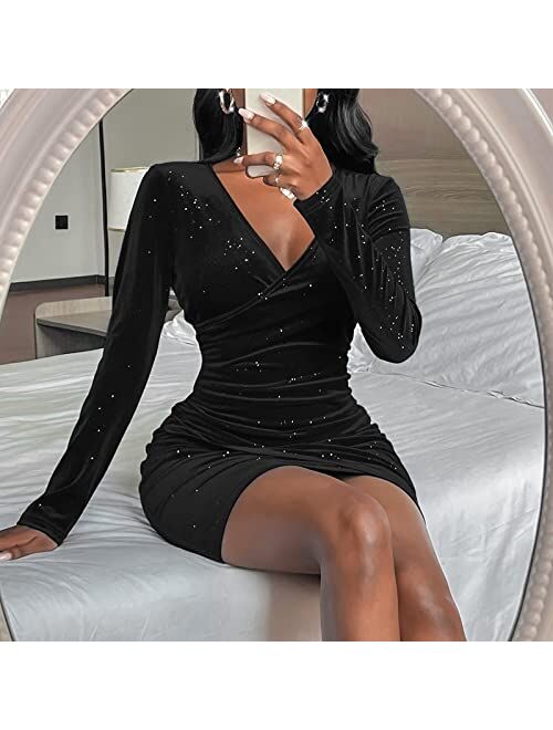 Sexyasasii Women's Mini Wrap Dress V Neck Long Sleeve Velvet Bodycon Glitter Ruched Cocktail Party Dresses