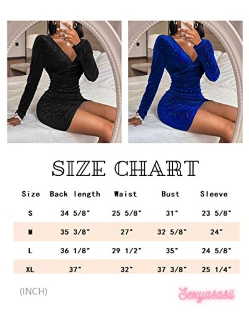 Sexyasasii Women's Mini Wrap Dress V Neck Long Sleeve Velvet Bodycon Glitter Ruched Cocktail Party Dresses