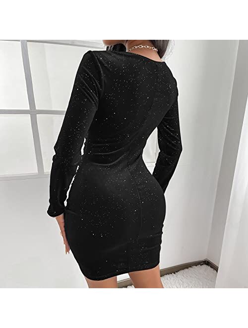 Sexyasasii Women's Mini Wrap Dress V Neck Long Sleeve Velvet Bodycon Glitter Ruched Cocktail Party Dresses