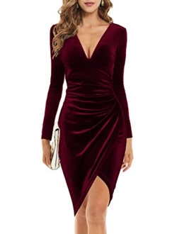 Soinku Womens Elegant Long Sleeve Velvet Bodycon Dress V Neck Split Ruched Cocktail Party Formal Midi Dress