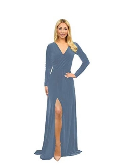 YMSHA Women's Maxi Velvet Long Sleeve Prom Dress Long 2021 V Neck Aline Slit Backless Formal Evening Gowns YMS111