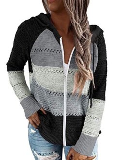 Biucly Womens Long Sleeve Knit Sweater Zip Up Hoodie Jacket Lightweight Drawstring Color Block Sweatshirt