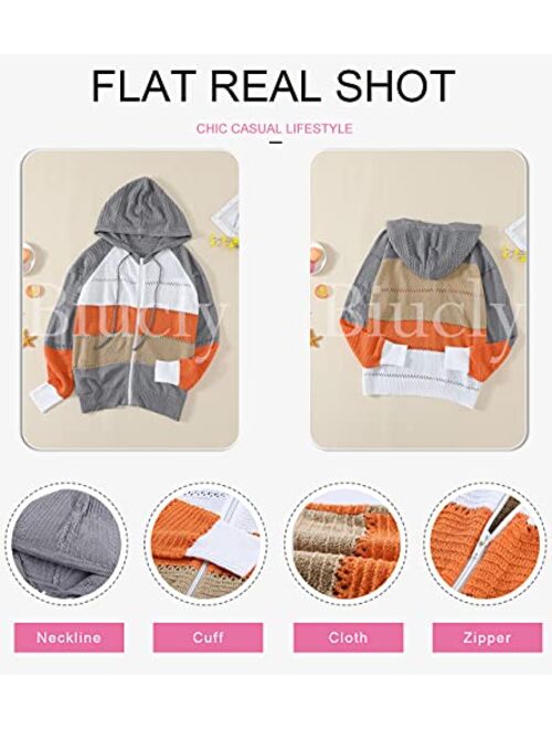 Biucly Womens Long Sleeve Knit Sweater Zip Up Hoodie Jacket Lightweight Drawstring Color Block Sweatshirt