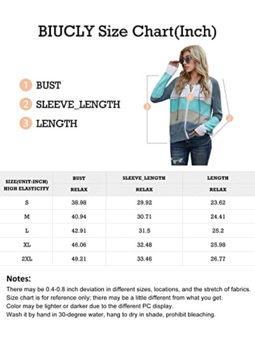 Biucly Womens Long Sleeve Knit Sweater Zip Up Hoodie Jacket Lightweight Drawstring Color Block Sweatshirt