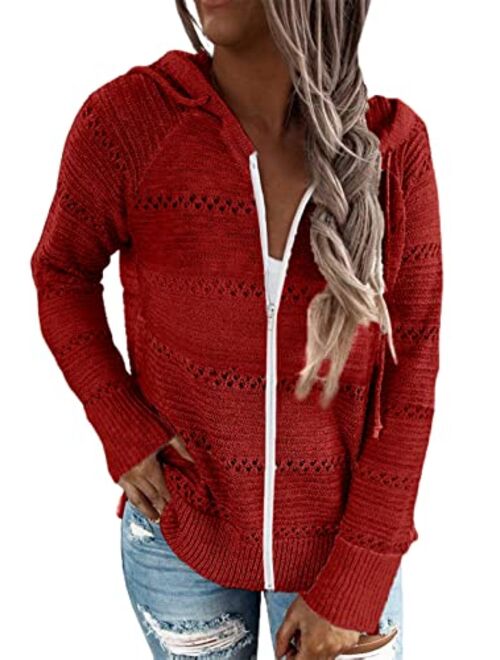 Biucly Womens Long Sleeve Knit Sweater Zip Up Hoodie Jacket Lightweight Drawstring Color Block Sweatshirt