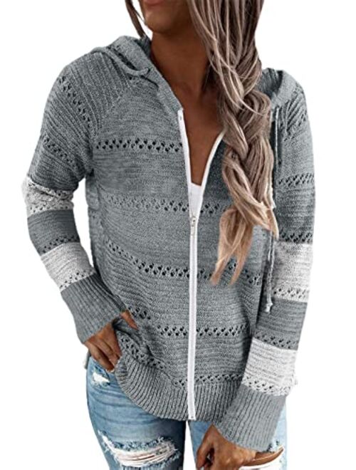 Biucly Womens Long Sleeve Knit Sweater Zip Up Hoodie Jacket Lightweight Drawstring Color Block Sweatshirt