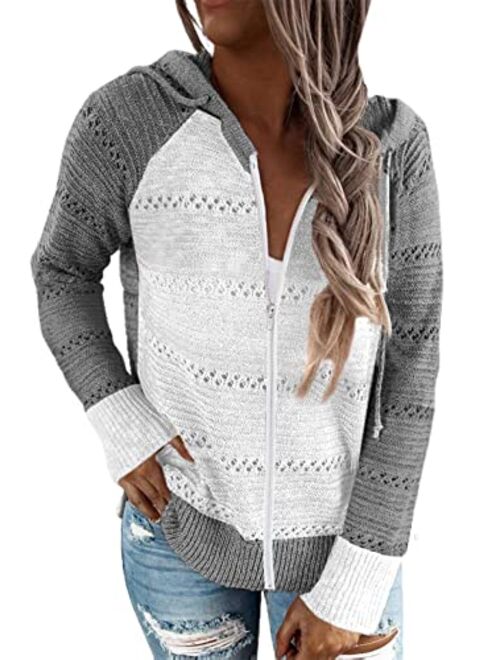 Biucly Womens Long Sleeve Knit Sweater Zip Up Hoodie Jacket Lightweight Drawstring Color Block Sweatshirt