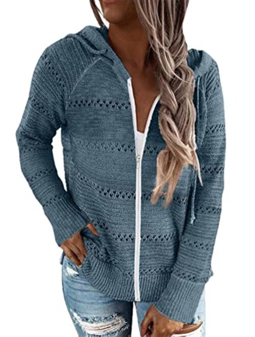 Biucly Womens Long Sleeve Knit Sweater Zip Up Hoodie Jacket Lightweight Drawstring Color Block Sweatshirt