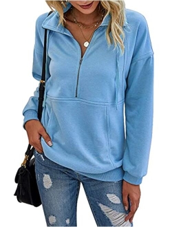 Womens Casual Long Sleeve Lapel Zipper Sweatshirt Drawstring Loose Pullover Tops