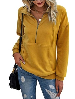 Womens Casual Long Sleeve Lapel Zipper Sweatshirt Drawstring Loose Pullover Tops