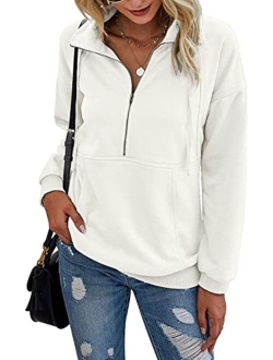 Womens Casual Long Sleeve Lapel Zipper Sweatshirt Drawstring Loose Pullover Tops