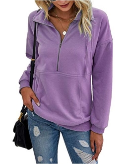 Womens Casual Long Sleeve Lapel Zipper Sweatshirt Drawstring Loose Pullover Tops