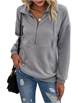 Womens Casual Long Sleeve Lapel Zipper Sweatshirt Drawstring Loose Pullover Tops