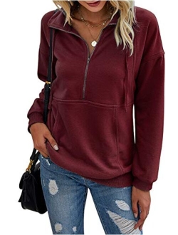 Womens Casual Long Sleeve Lapel Zipper Sweatshirt Drawstring Loose Pullover Tops