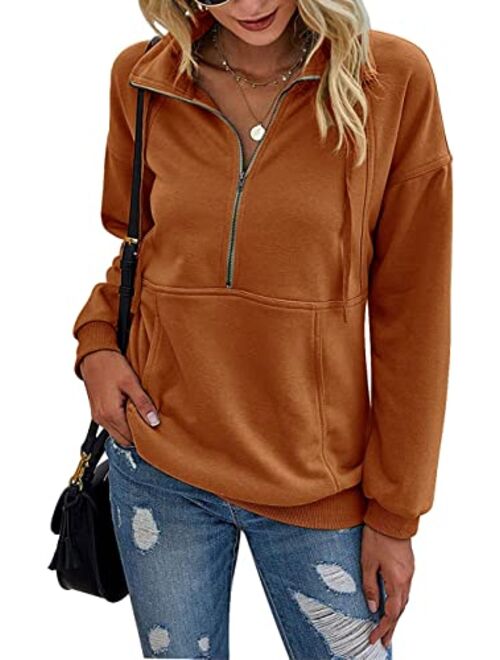 PRETTYGARDEN Women’s Casual Long Sleeve Lapel Zipper Sweatshirt Drawstring Loose Pullover Tops