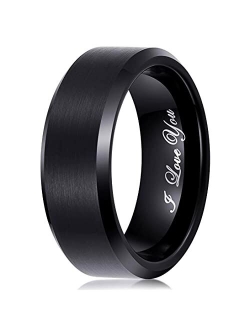 Lanchela & Co. 6mm 8mm Mens Wedding Bands Black Tungsten Carbide Rings Matte Finish Beveled Polished Edge Comfort-Fit Engraved ‘I Love You’