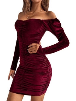 Women's Velvet Sweetheart Neck Long Sleeve Ruched Bodycon Mini Dress