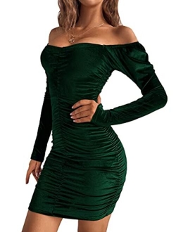 Women's Velvet Sweetheart Neck Long Sleeve Ruched Bodycon Mini Dress