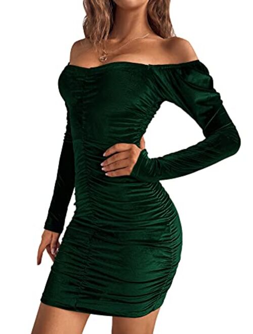 Floerns Women's Velvet Sweetheart Neck Long Sleeve Ruched Bodycon Mini Dress