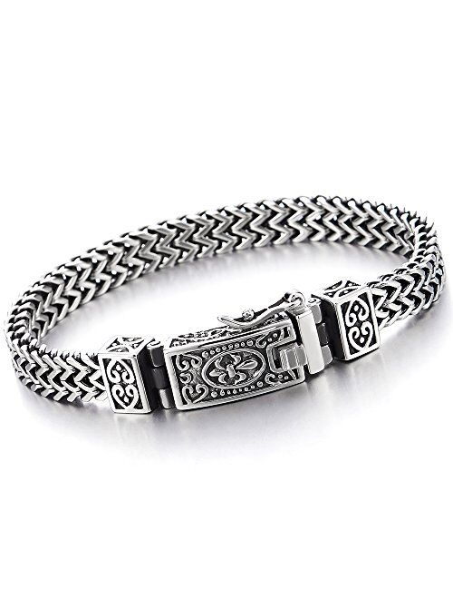 COOLSTEELANDBEYOND Stainless Steel 8.5 in Franco Link Curb Chain Bracelet for Men Vintage Fleur de Lis Spring Box Clasp