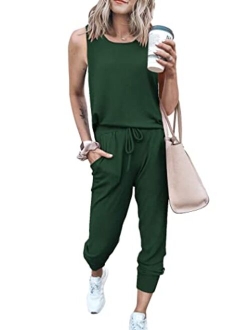 Womens Two Piece Outfit Sleeveless Crewneck Tops With Sweatpants Active Tracksuit Lounge Wear