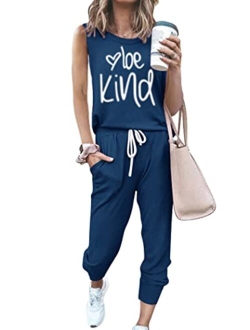 Womens Two Piece Outfit Sleeveless Crewneck Tops With Sweatpants Active Tracksuit Lounge Wear